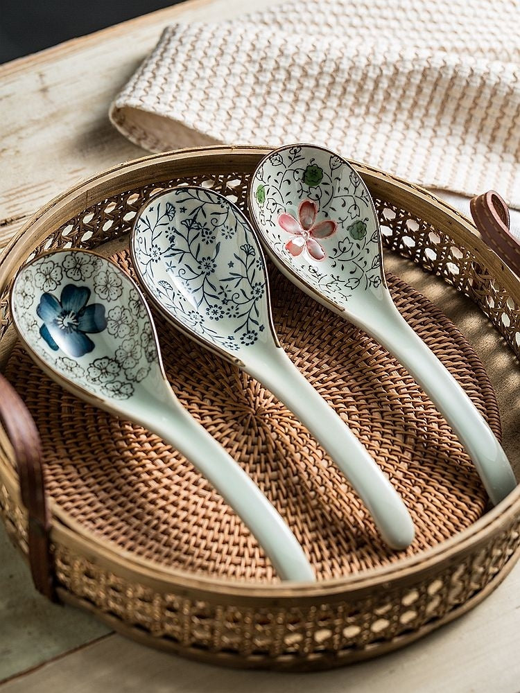 Household Ceramic Long Handle Scoop And Spoon Deep Mouth Soup Bowl