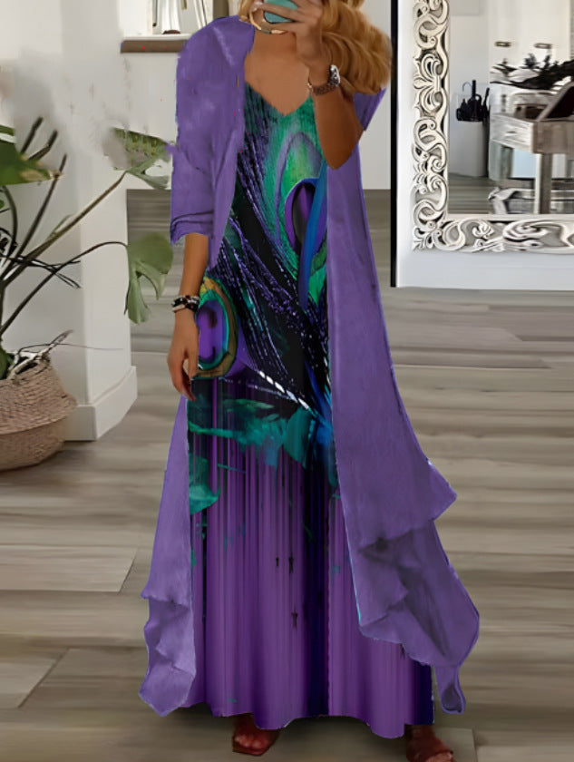 Two Piece Set Of Half Sleeved Printed Casual Retro Sexy Dress