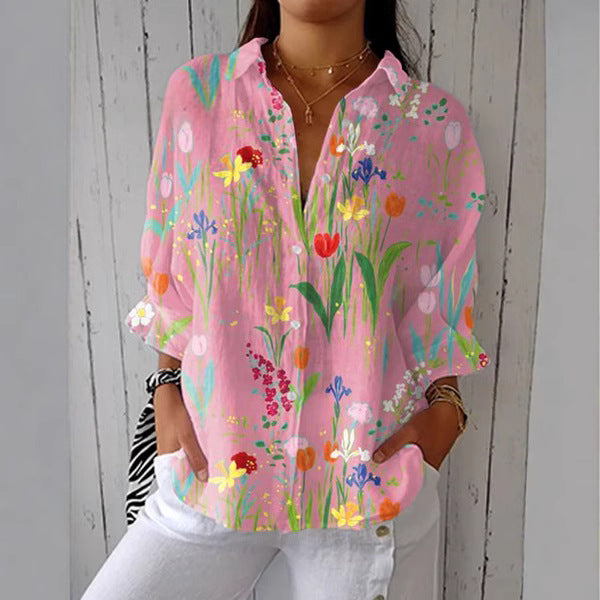 Women's Creative Fashion 3D Printing Lapel Casual Shirt