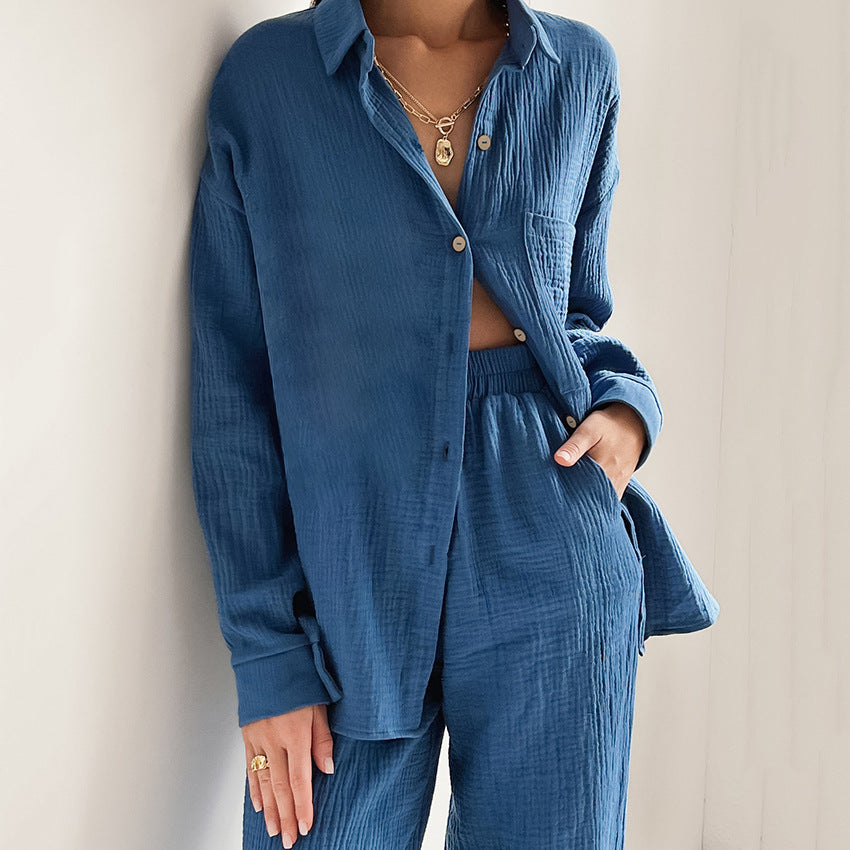 Shirt Crepe Cotton Pajamas Can Be Outer Wear Trousers Loose Two-piece Suit