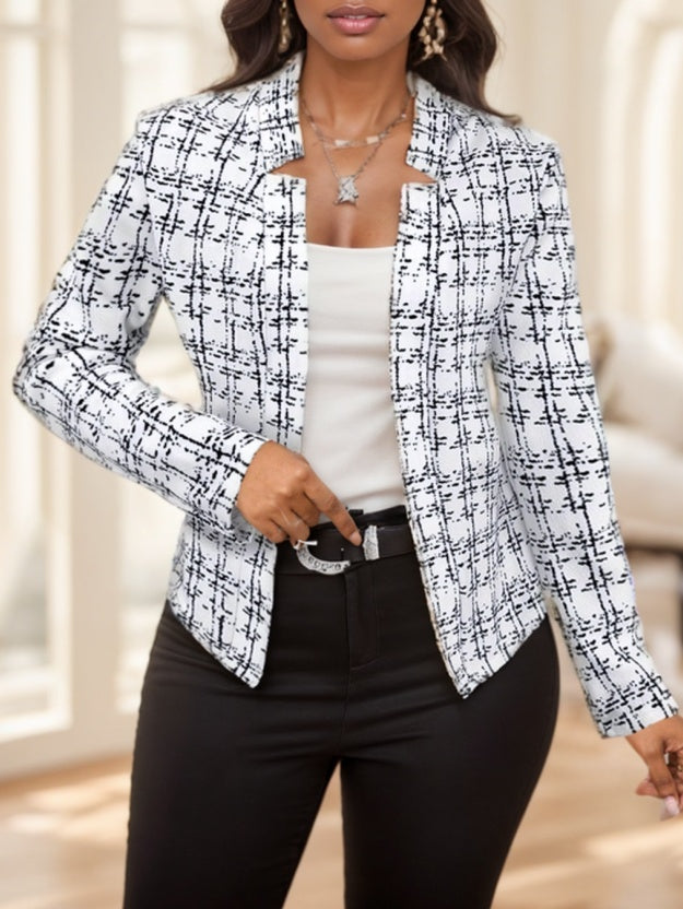 Lady Women's Elegant Elegant Plaid Print Open Front Blazer Jacket