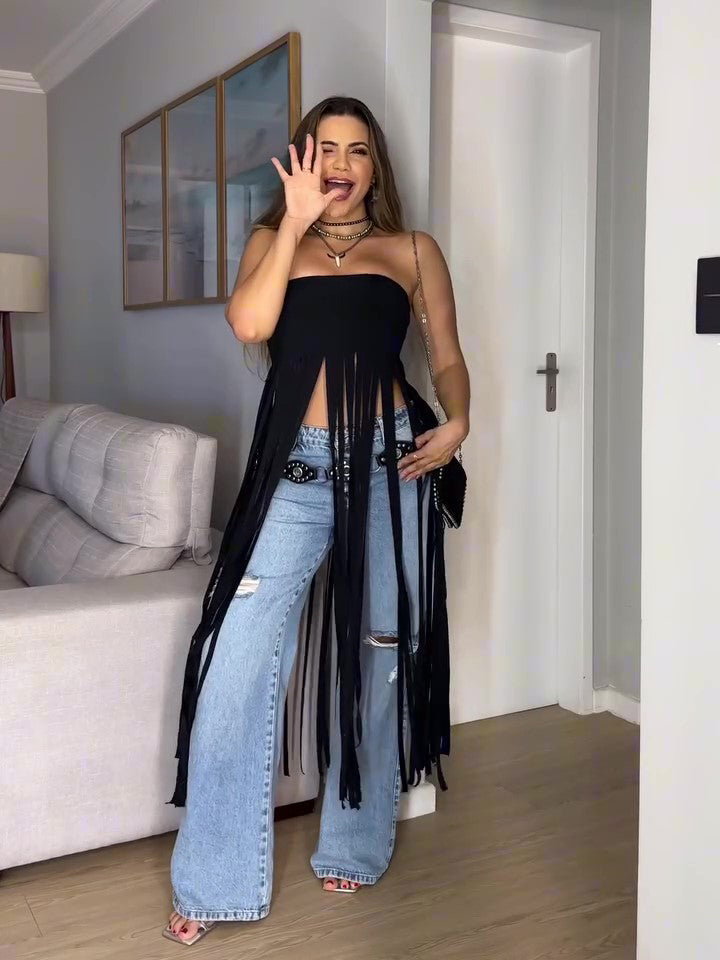 Black Bandeau Fringe Top