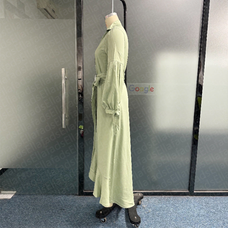 Fashion Casual Green Dress With Full Sleeves