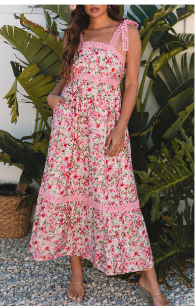 Floral Lace Tied Strap Empire Waist Maxi Dress