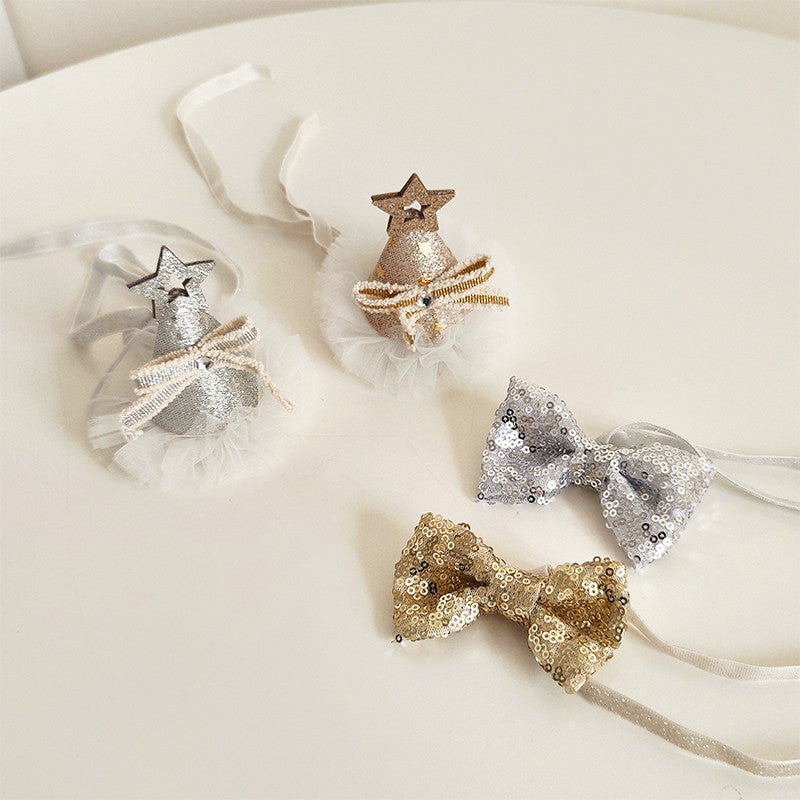 Pet Cat Birthday Gold And Silver Sequins Star Hat Bow
