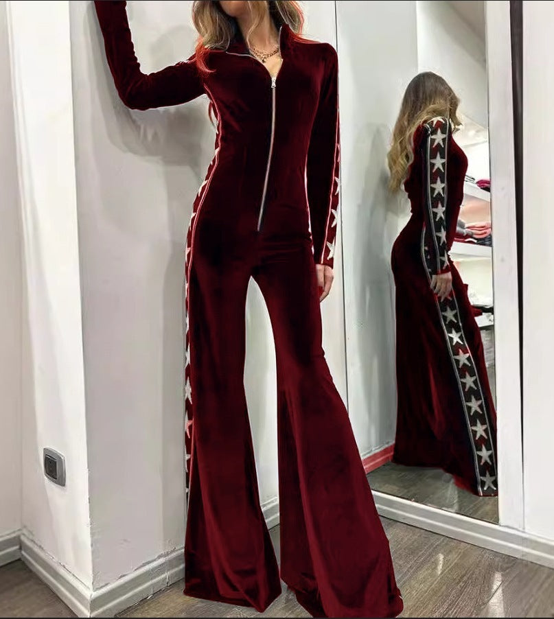 Fashion Velvet Stitching Printing Long Sleeve Wide Leg Jumpsuit