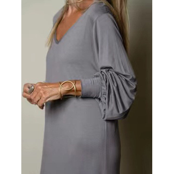 Cross-border Amazon Hot Sale Ladies Casual Robe Plain Long Sleeve Split Dress