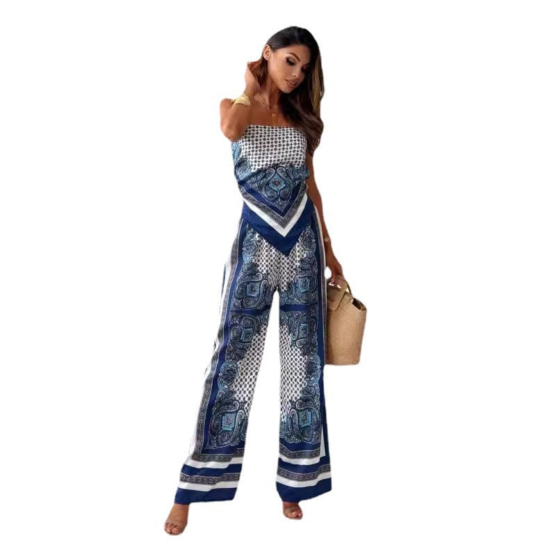 Printing Spaghetti Straps Chest Wrap Positioning Colorful Pants Suit Two-piece Set