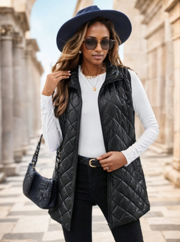 Clasi Slant Pockets Sleeveless Argyle Quilted Vest Coat