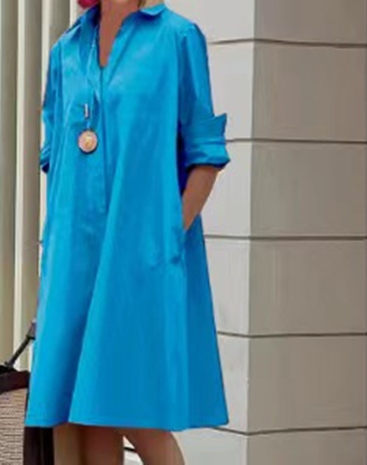 New Long Shirt Solid Color Temperament Commute Simple Lapel Cardigan Dress
