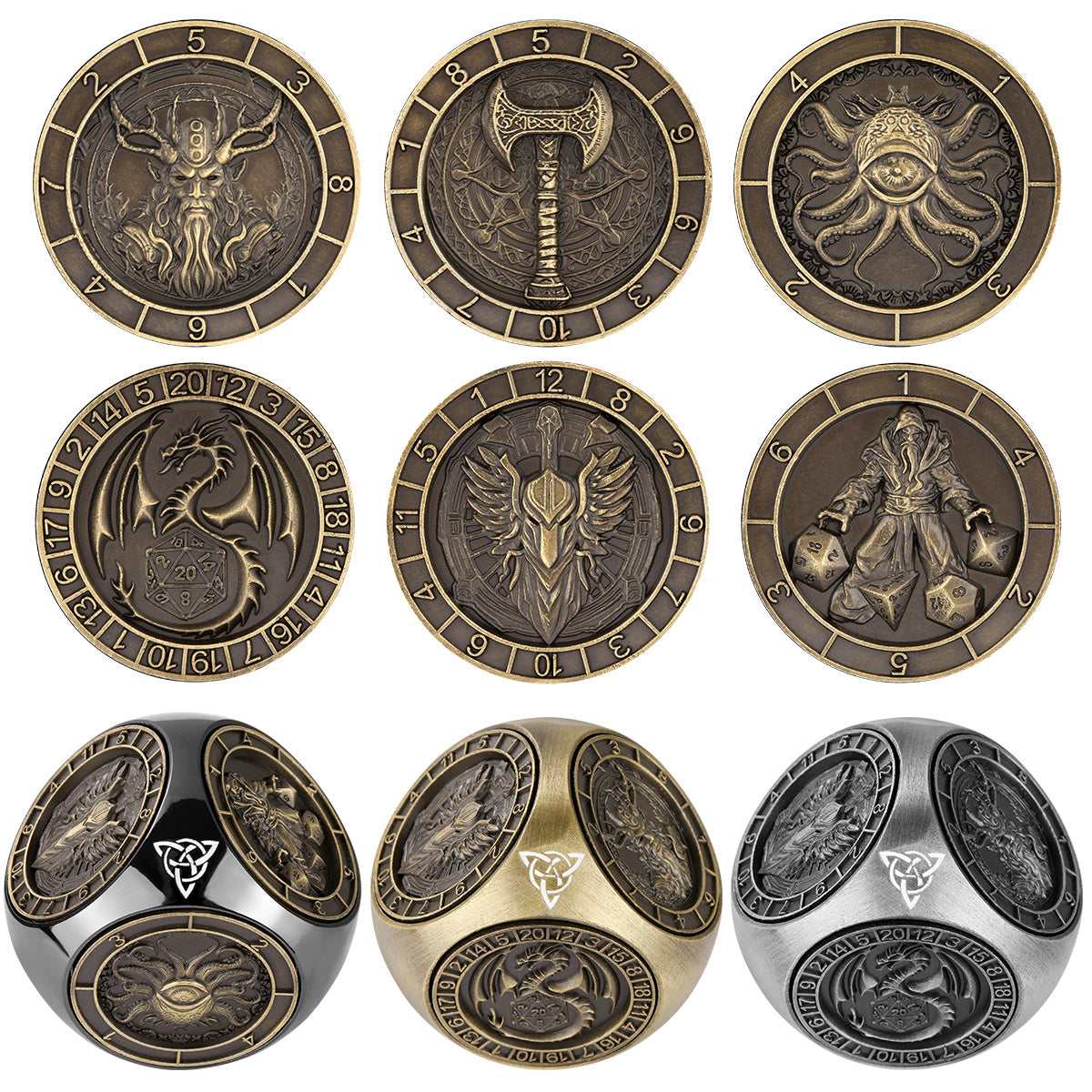 6-pack DND Dice Wheel Gift Box Set, Retro Wheel Metal Polyhedral Board Game Prop, Desktop Role Playing Decoration Collectibles Game Dice Accessories