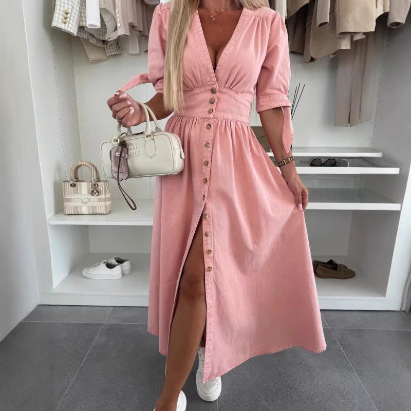 V-neck Short Sleeve Loose Denim Long Button Dress