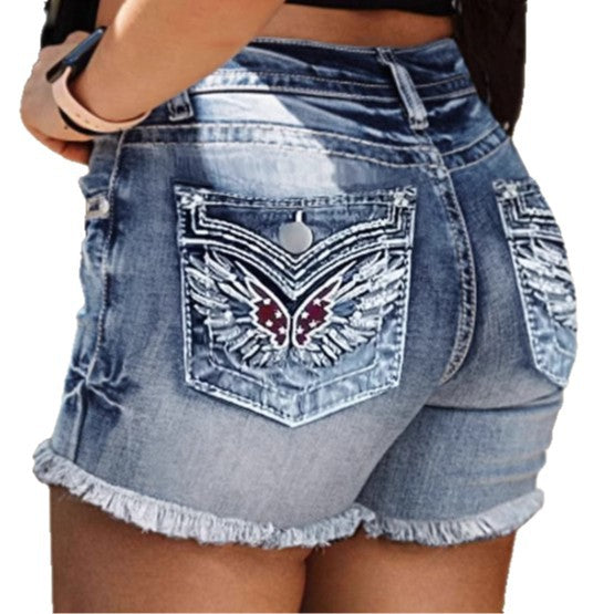 Women's Denim Shorts Embroidery Design Washed Frayed Hem
