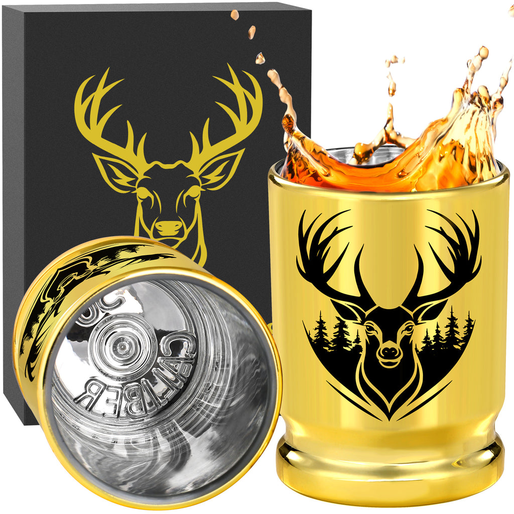 2pcs  50 Caliber Deer Head Golden Plastic Wine Glasses With Gift Box - Leak Proof, Reusable - Stylish Animal Print Design, Suitable For Whiskey, Tequila, Etc
