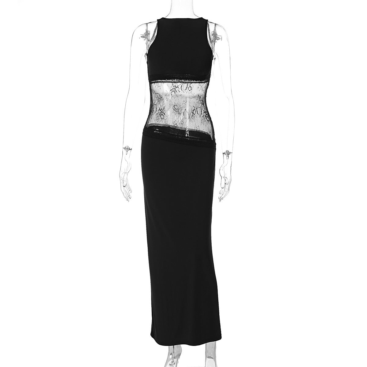 Hollow Backless Sleeveless Stitching Lace Mid Waist See-through Long Dress