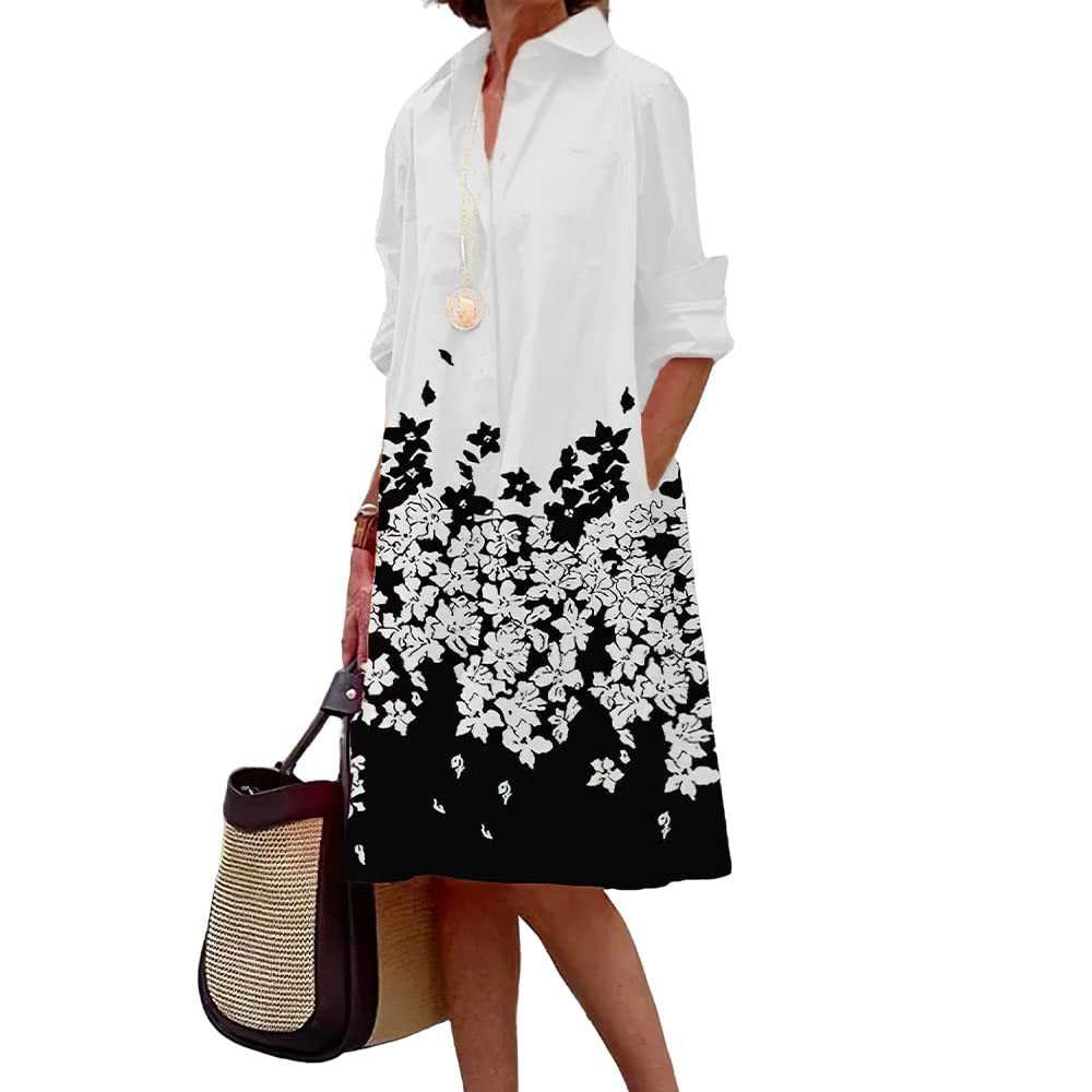 Women's Elegant Floral 3D Digital Printing Single Row Open Button Shirt Dress