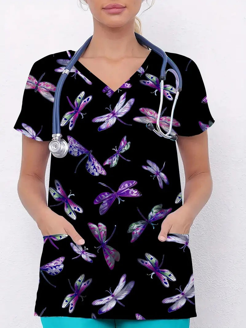 Plus Size Women's Vibrant Print Scrub Top Casual V-Neck Short Sleeve
