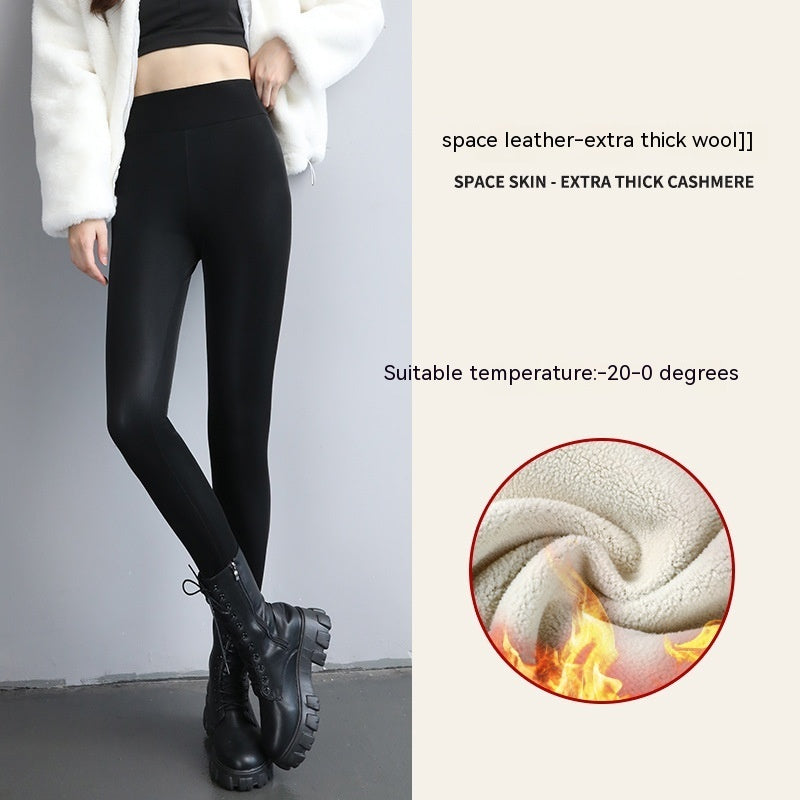 PU Fleece-lined High Waist Slimming Windproof Waterproof Leggings