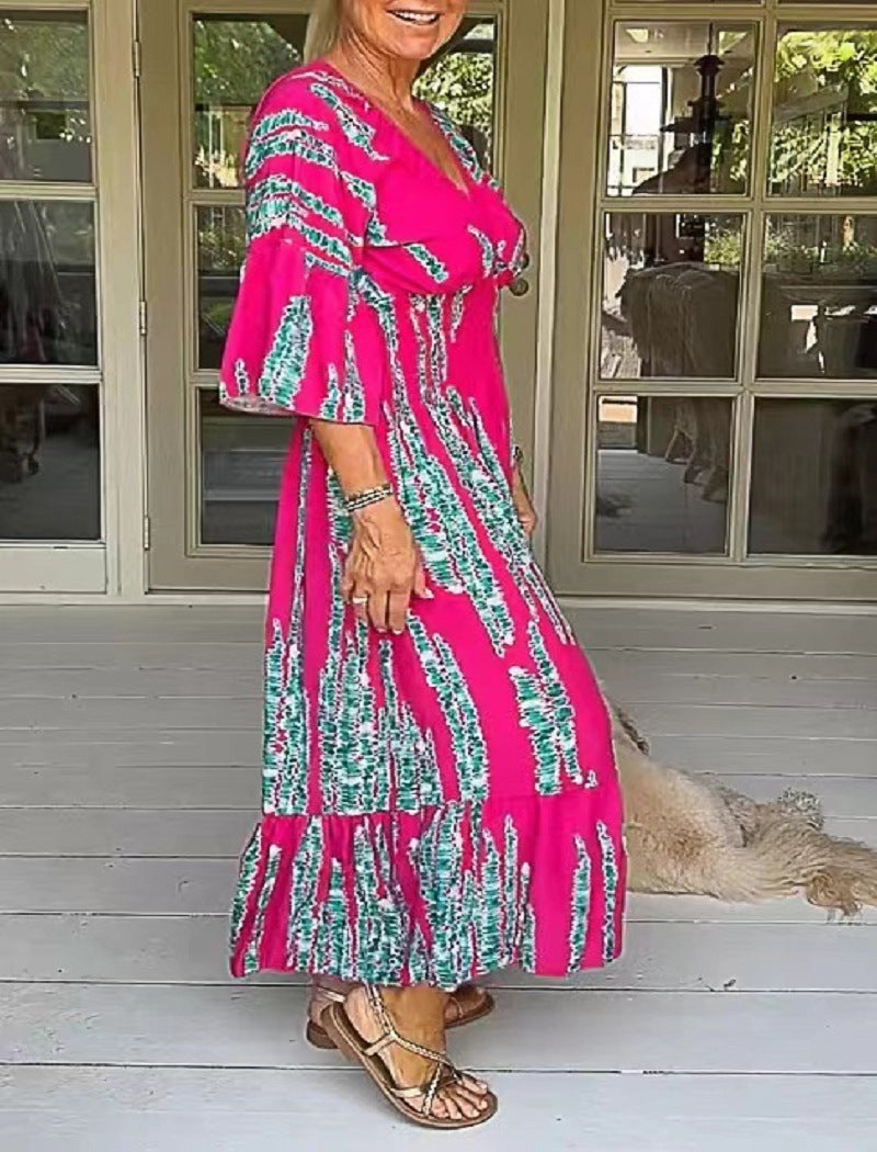 Fashion Flared Sleeves V-neck Printed Dress