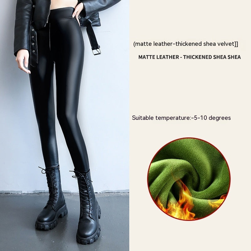 PU Fleece-lined High Waist Slimming Windproof Waterproof Leggings