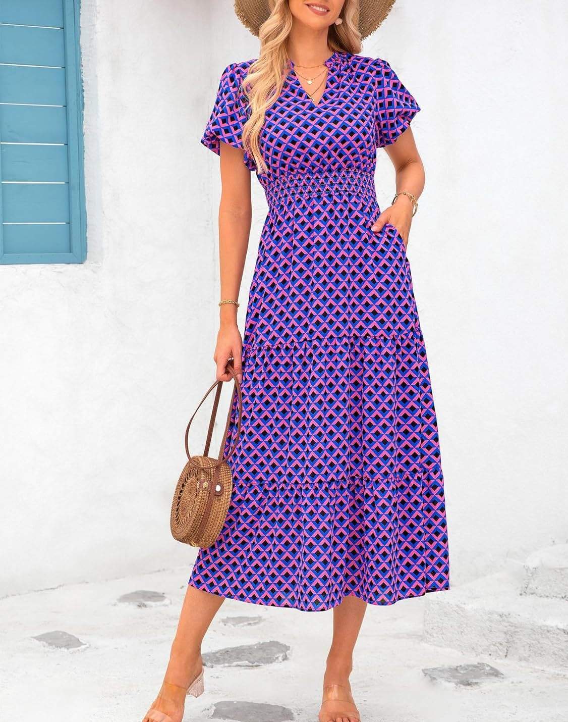 Women's V-neck Bubble Pleated Print Short Sleeve Dress