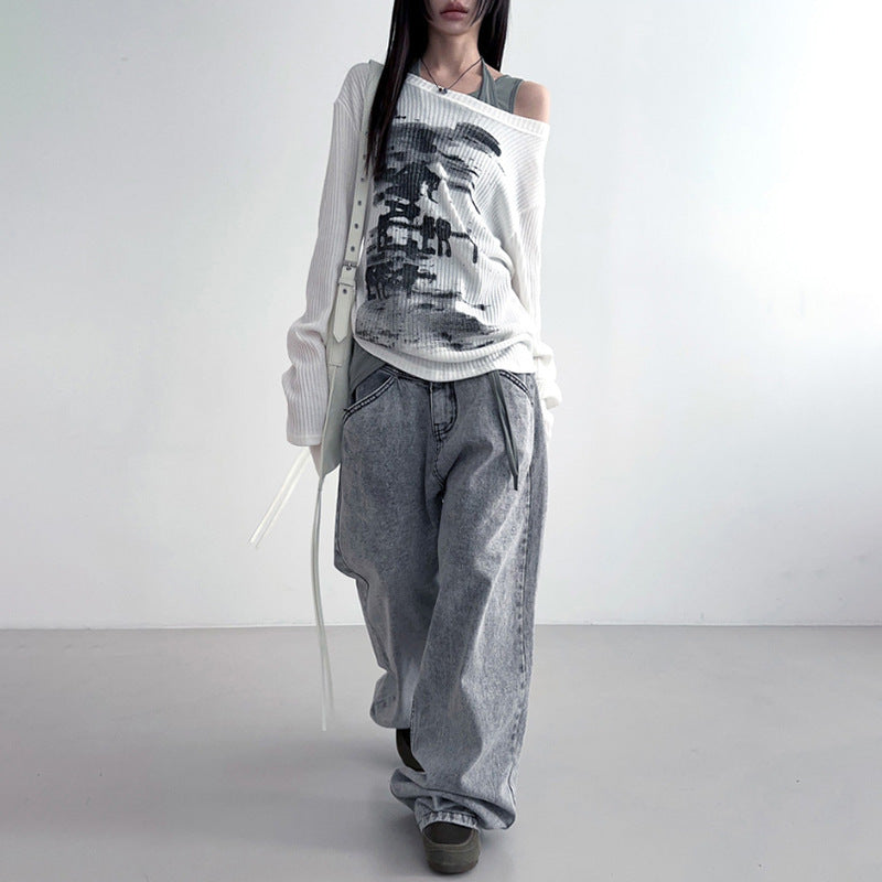 Personalized Distressed Print Diagonal Collar Loose Long-sleeve Women's Top