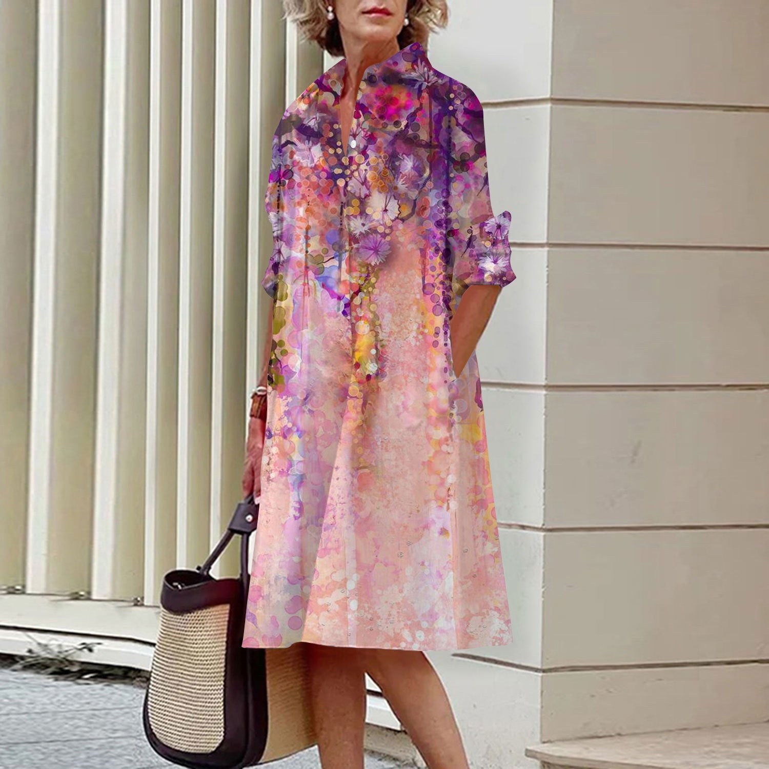 Women's Elegant Floral 3D Digital Printing Single Row Open Button Shirt Dress