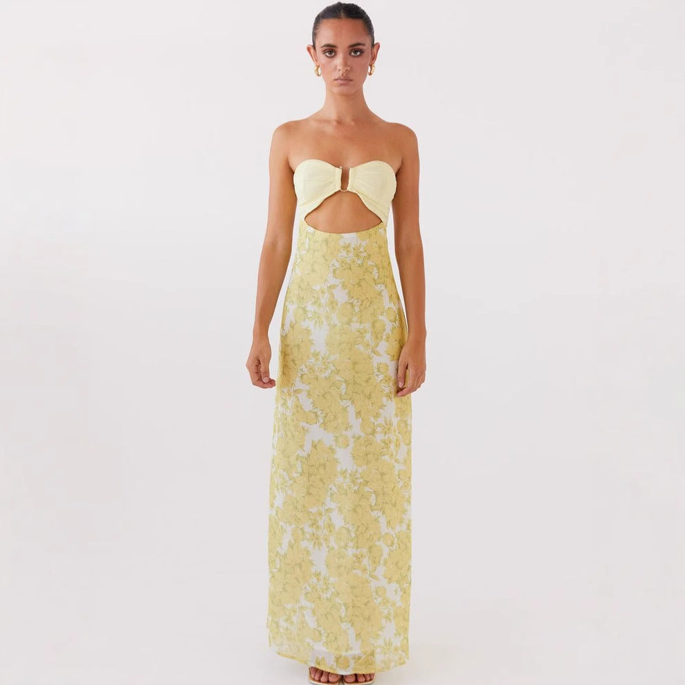 Backless U-shaped Decorative Buckle Printed Dress