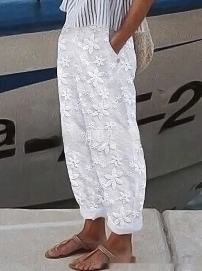 Women's Elegant Embroidery Cotton And Linen Casual Pants