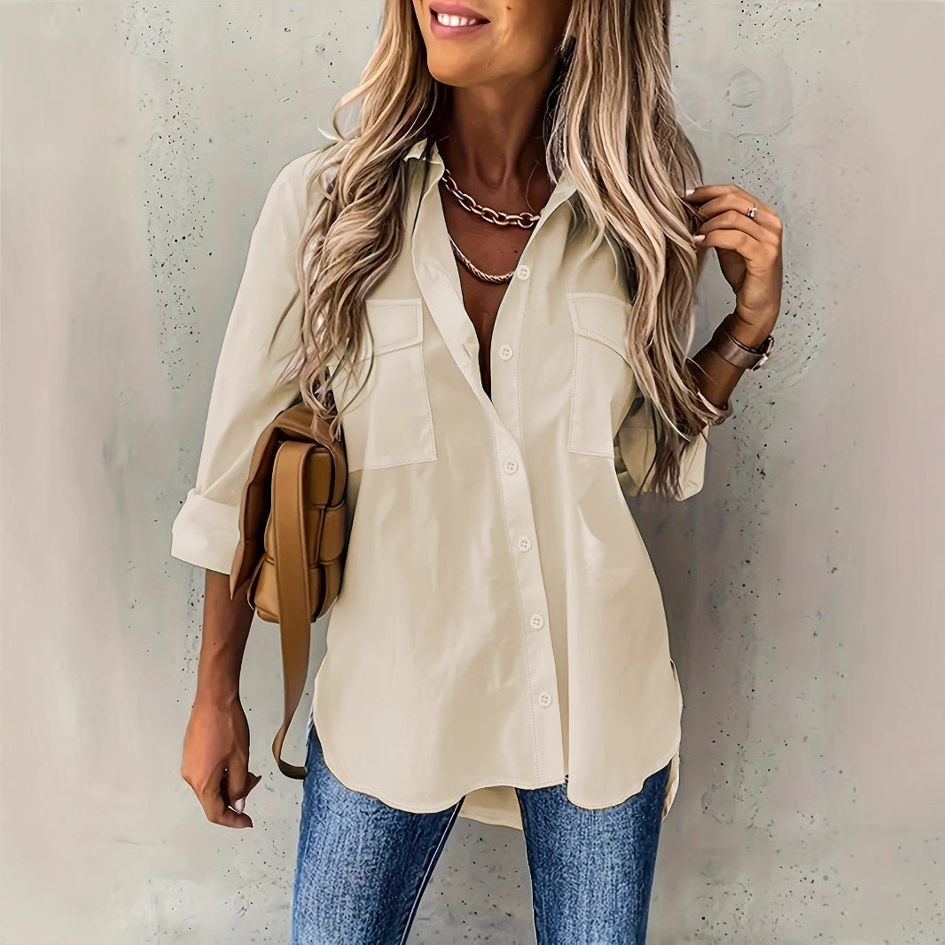 Loose Long Sleeve Lapel Shirt With Pockets Top