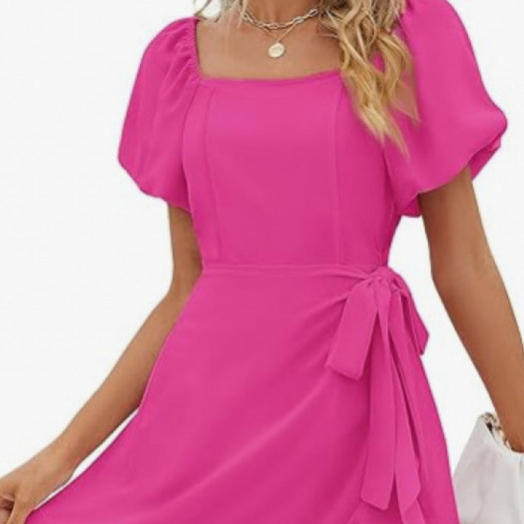 Women's Square Collar Solid Color Puff Sleeve Dress Lace-up Waist