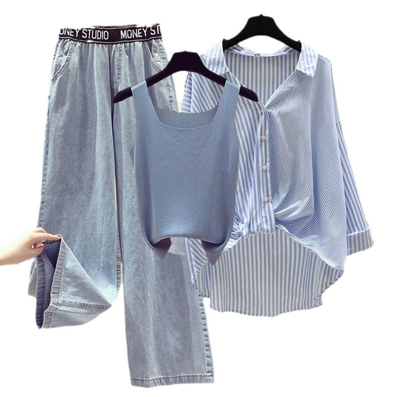 Striped Shirt Small Sling Wide Leg Jeans Three-piece Set