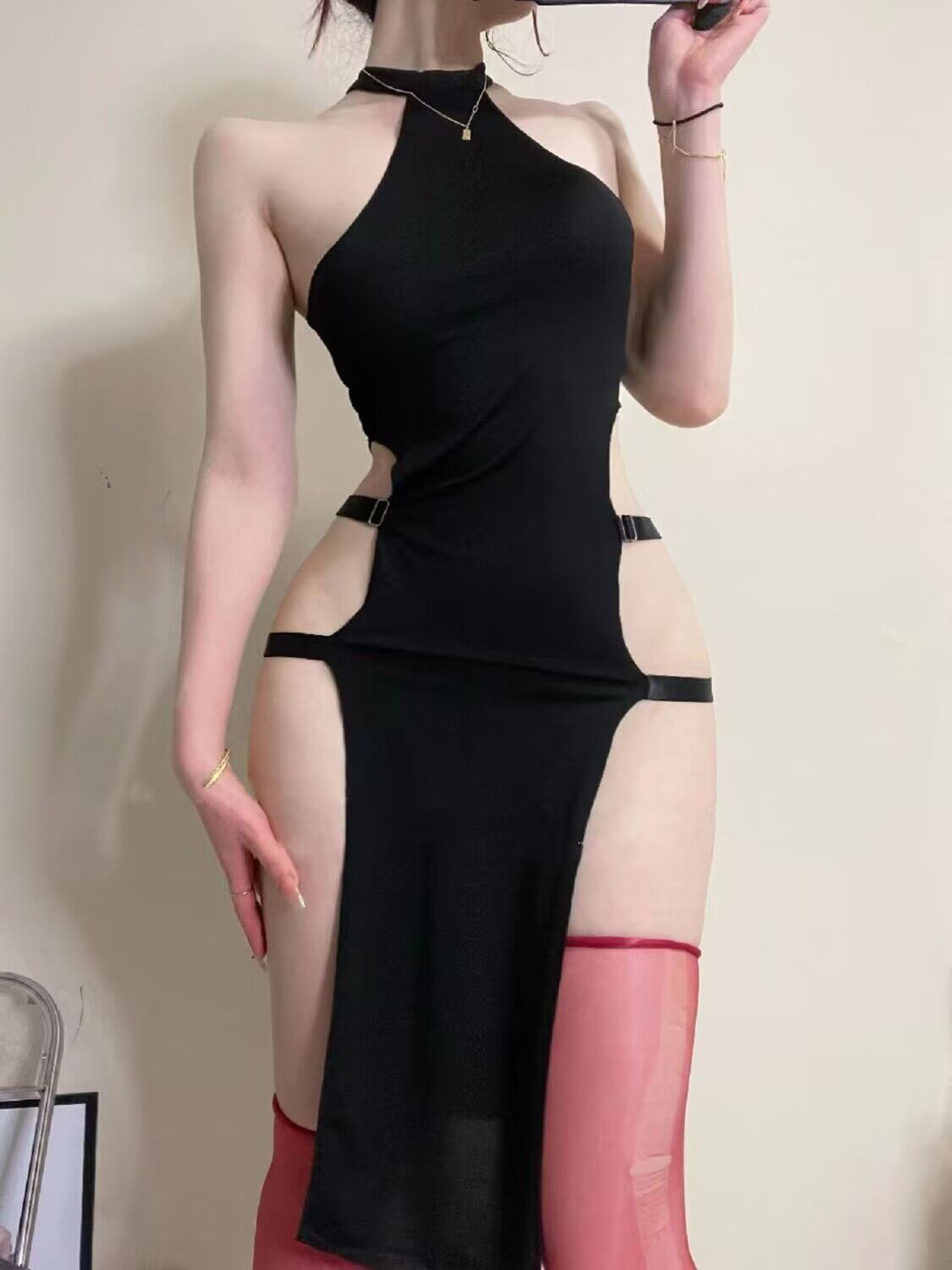 Solid Color Pullover Sleeveless Hollow-out Side Slit High Waist European And American Tight Dress