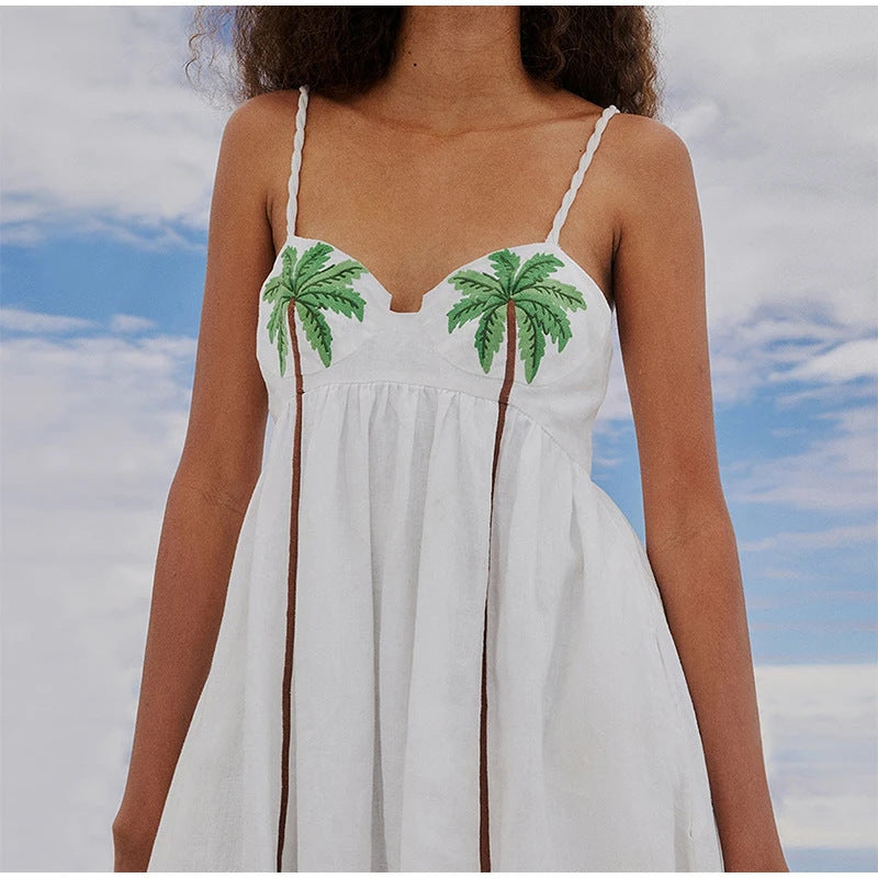 Summer New Fashion Temperament Coconut Tree Printed Suspender Dress