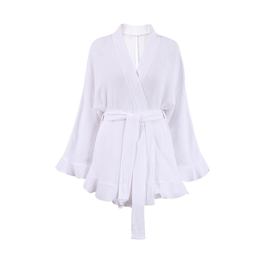 Long-sleeved Pajamas Crepe Cotton Ruffles Nightgown Shorts Suit Loose Cross-border Home Wear