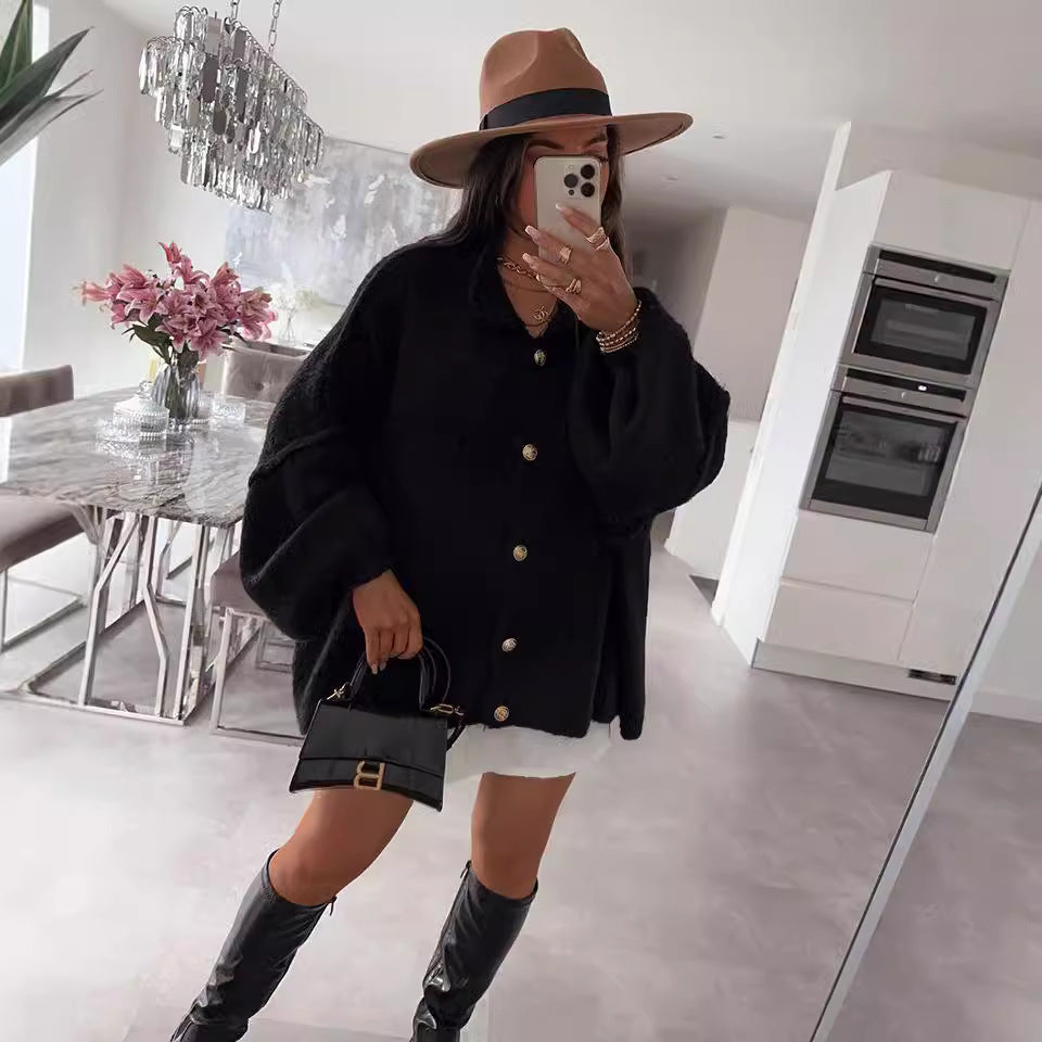 Autumn And Winter Solid Color British Style Vintage Button Cardigan Batwing Sleeve Sweater Coat