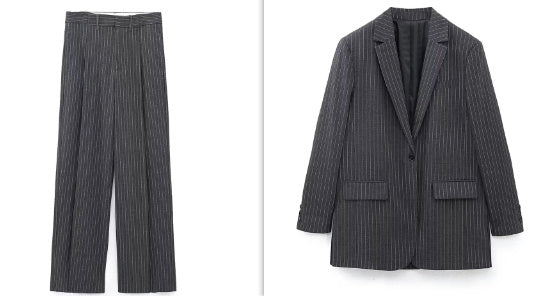 European Style Plus Size Women's Spring Pinstripe Vest Straight Cut Long Shirt Trouser Suit