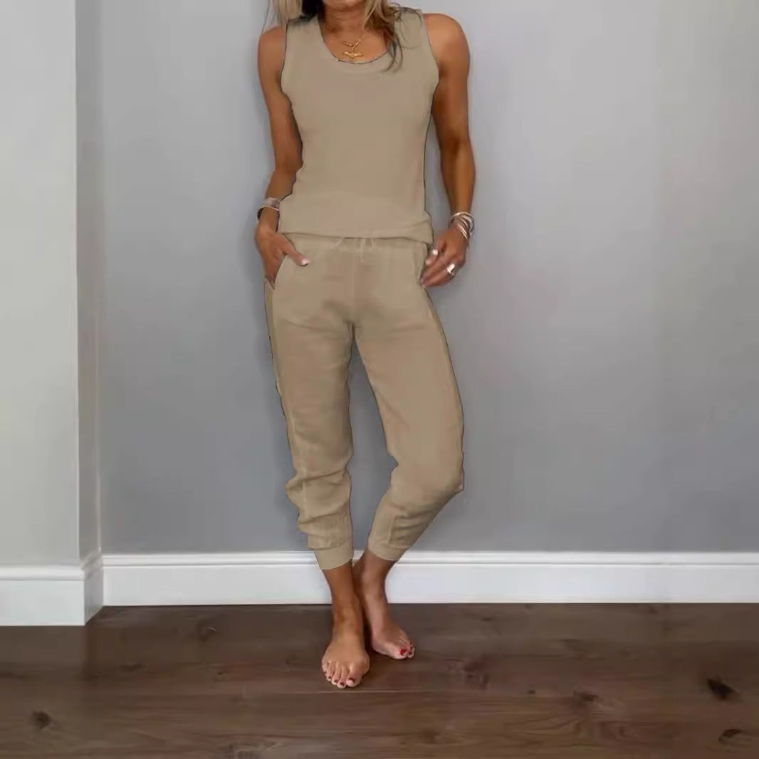 Cotton Linen Vest Drawstring Casual Pants Suit