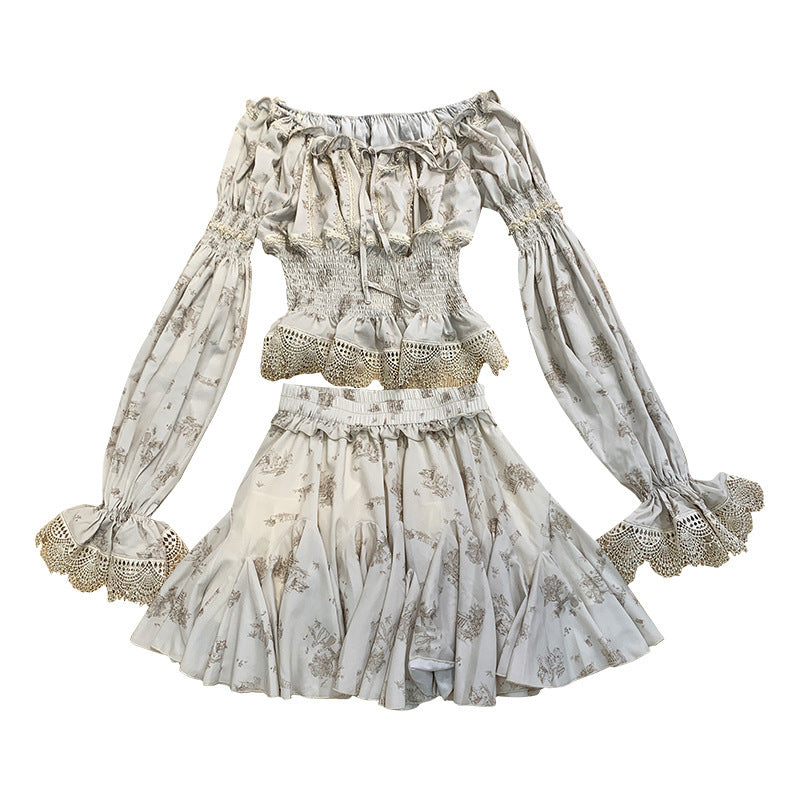 Printed Waist Lace One Word Collar Top Temperament