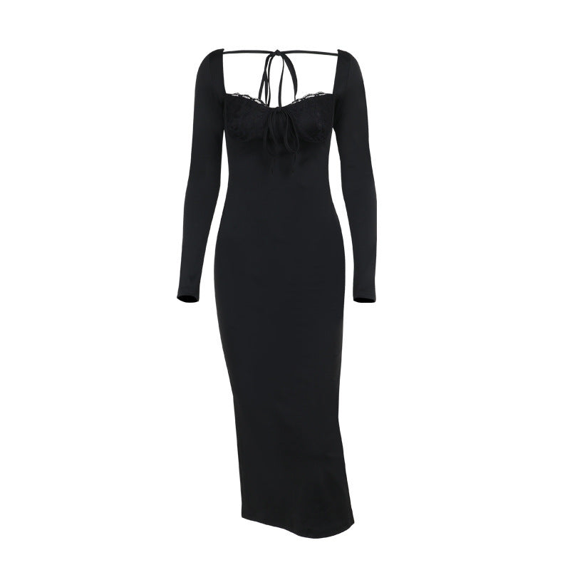 Lace Chest Back Long Sleeve Dress Vacation Style Fashion