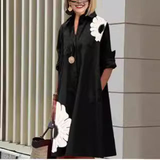 New Long Shirt Solid Color Temperament Commute Simple Lapel Cardigan Dress