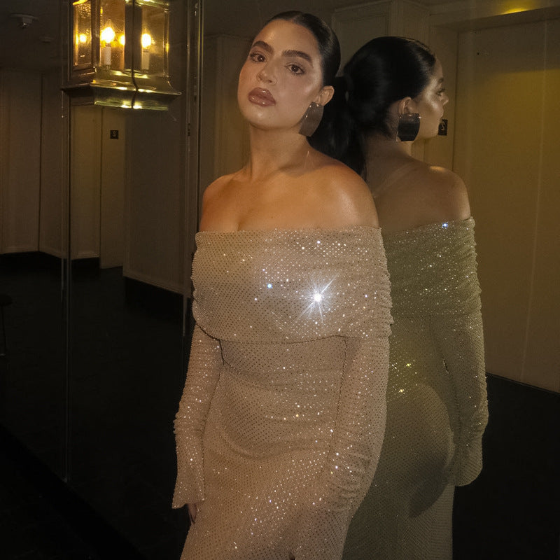 New Fashion Style Temperament Panel Pressing Slim-fit Off-neck Dress Women