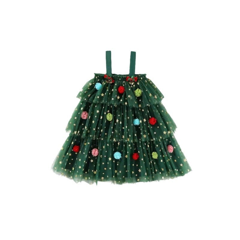 Christmas Tree Green Suspenders Mesh Children Dress