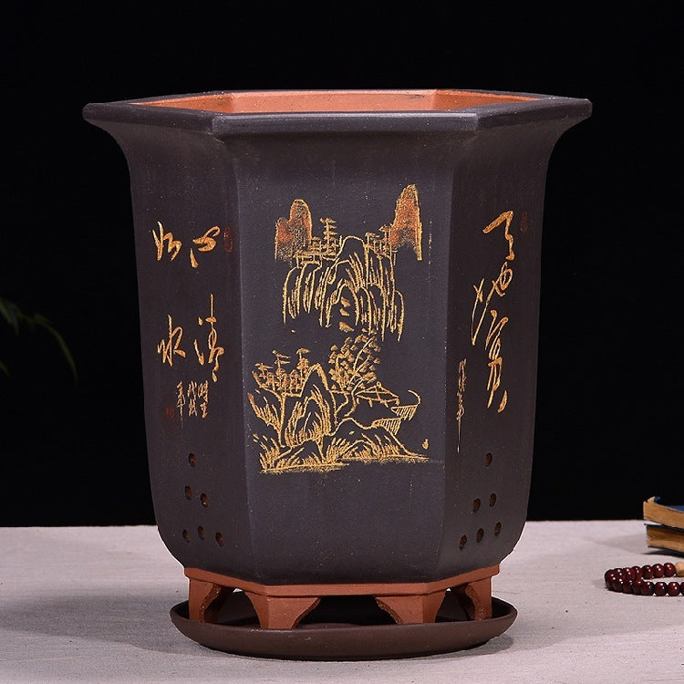 Fine Zisha Flowerpot Hand-carved Hexagonal