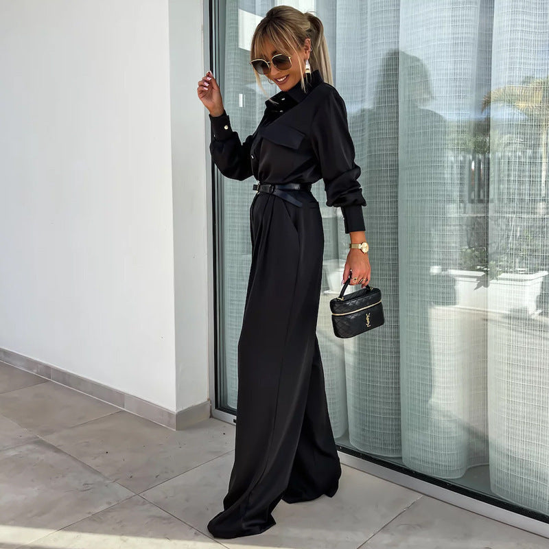 Long Sleeve Faux Pocket Shirt & Loose Trousers Two-piece Set