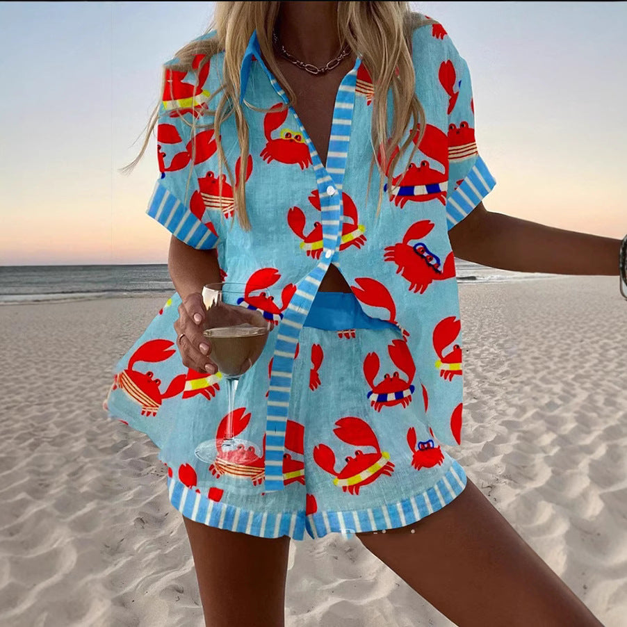 Women's Fashion Printed Casual Vacation Style Cardigan Shorts Suit