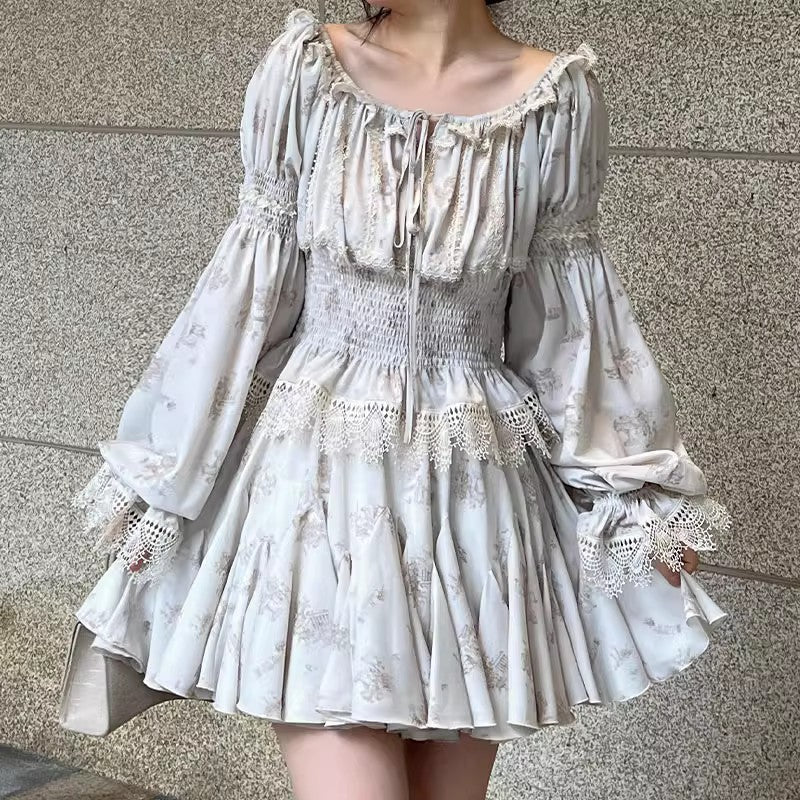 Printed Waist Lace One Word Collar Top Temperament