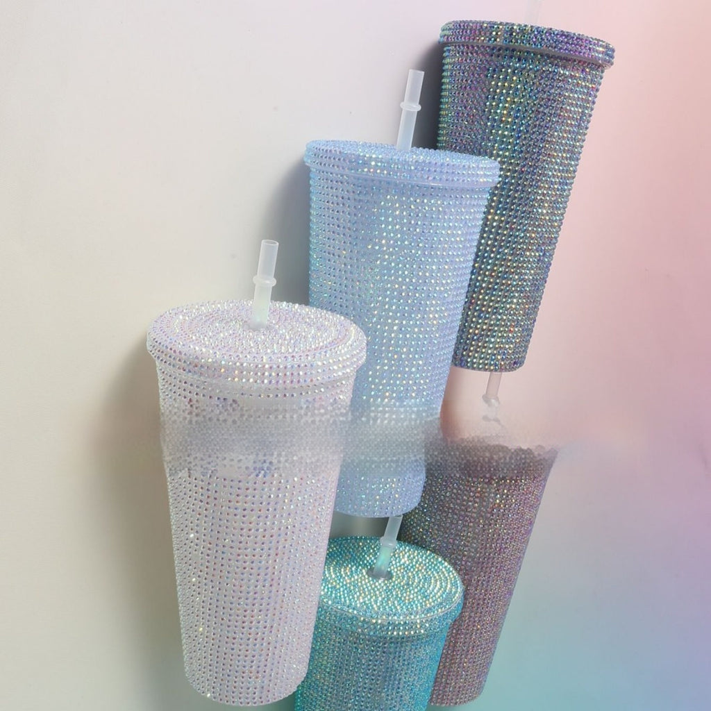 Stick-on Crystals Double-layer Large Capacity Cup With Straw