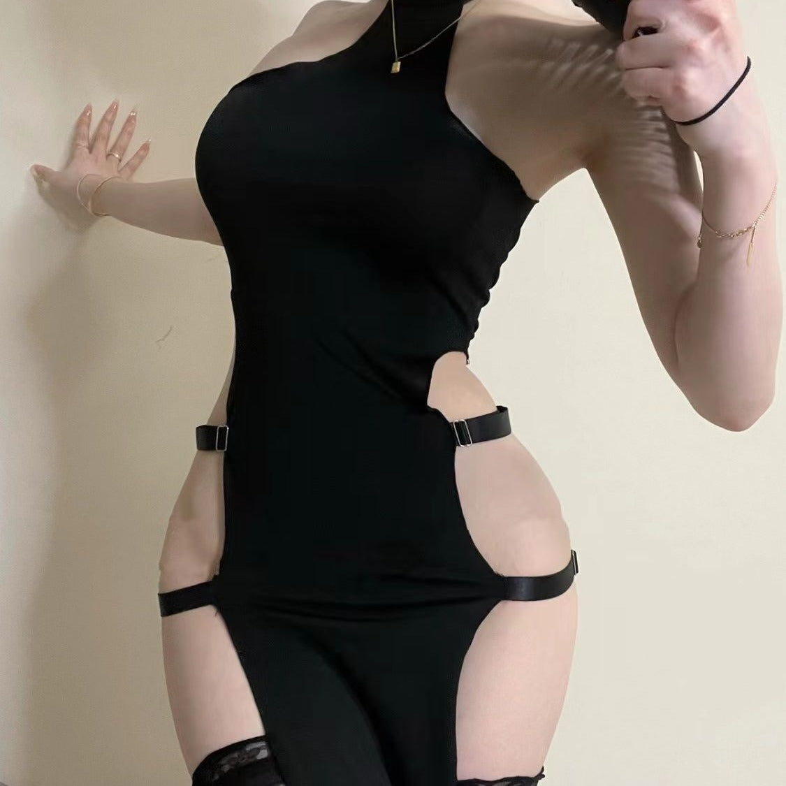 Solid Color Pullover Sleeveless Hollow-out Side Slit High Waist European And American Tight Dress