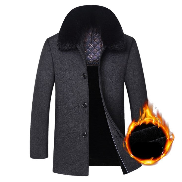 Middle-aged men's coat long men's large fur collar plus velvet quilted thick wool windbreaker